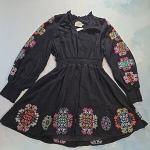 Judith March Boho Gauze Dress Anthropologie Peasant Womens L Black Mini Smocked‎